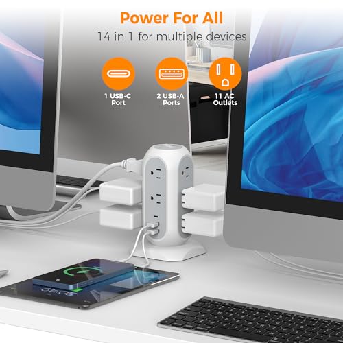 TESSAN Tower Power Strip Flat Plug with 1050J Surge Protection, 6 Ft, Grey (Pack of 2) - color: White, size: 6 Feet (Pack of 2)