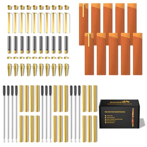Pen Kits for Woodturning 10 Pack Premium Gold Plus Bonus 10 Pen Covers Pen Making Tools with Black Ink Pen Making Kit Slimline Pen Turning Supplies Twist Pen Kit Lathe Turning Supplies for DIY Coppe