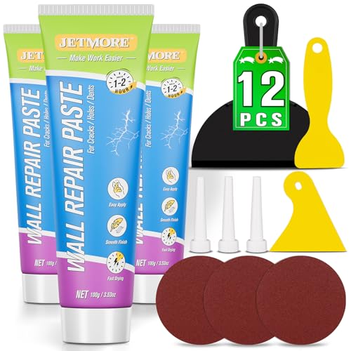 JETMORE 12 Pcs Drywall Repair Kit, 3 x 3.5 oz Wall Repair Paste for Cracks | Wall hole filler repairs nail holes, cracks and dents, Spackle wall repair suits sanding and repainting after application