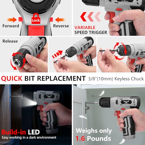 JENABOM Tool Set, 146-Piece Home Tool Kit with 8V Cordless Drill - color: Red