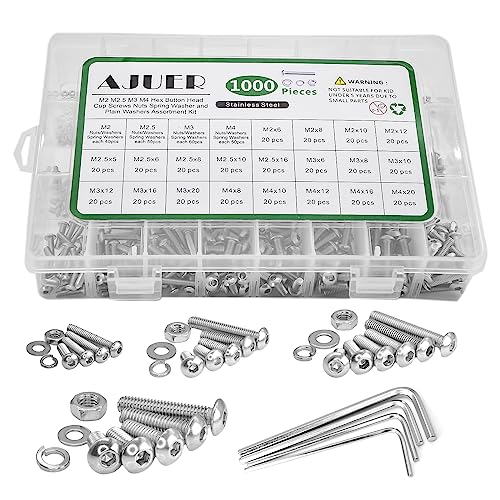 1000pcs ISO7380 M2/M2.5/M3/M4 Button Head Socket Cap Screws, Bolts Nuts Washers Assortment Kit, 304 Stainless Steel Metric Screw Set, Small Bolts and Nuts Kit, - size: sllver 1000pcs hex button haed cup screw