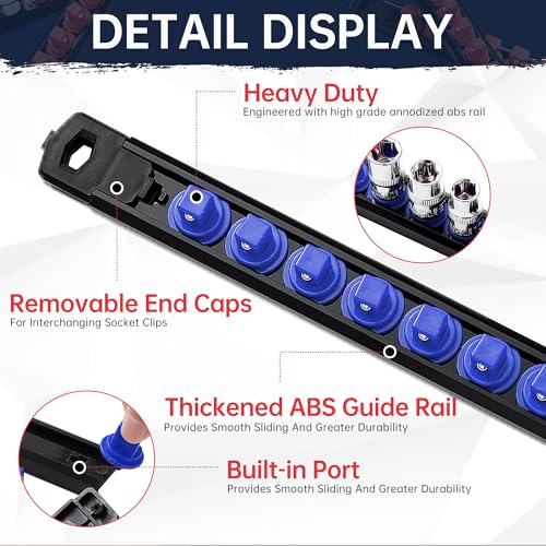 Reniteco Magnetic Socket Organizer, 3-Piece 1/2-Inch Drive ABS Sockets Rail, Heavy Duty Sockets Holder, Socket Rack Kit 1/2-Inch x 42 Clips - color: Blue, size: 3 Pcs 1/2" DR