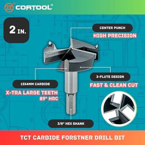 Forstner Drill Bit 2 Inch, Triple-Flute Carbide Tipped Forstner Bit for Hard Wood, Soft Wood, Veneered Plywood, Plastic, Drilling Hole Saw Woodworking Hinge Cutter Tool - style: 2 Inch