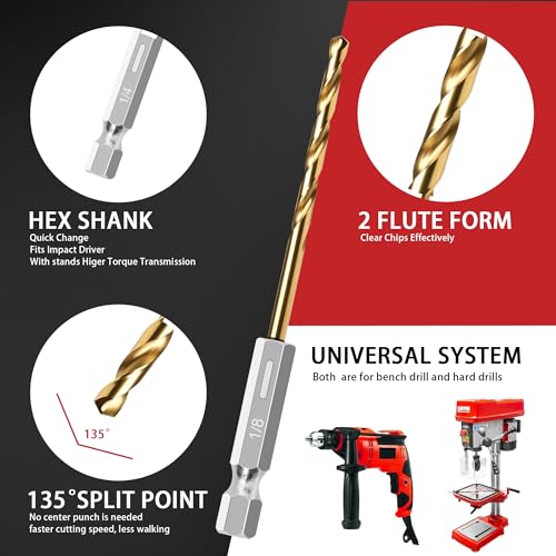 13PC 1/8" Titanium Coated Twist Hex Shank Drill Bit Set - size: 1/8-13pcs