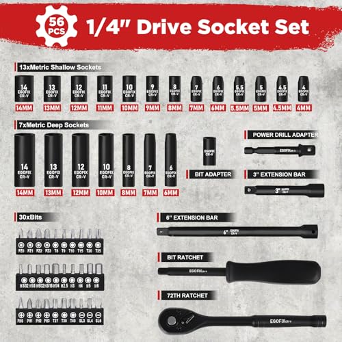 1/4" Ratchet Wrench Socket Set 56 PCS, Metric Shallow Socket (4-14mm) and Deep (6-8, 10-14mm), with Mini 72-Teeth Ratchet, Screwdriver Bit Set, Small Tool Kit for Home Use, Motorcycle and Bike - color: 1/4-56pcs