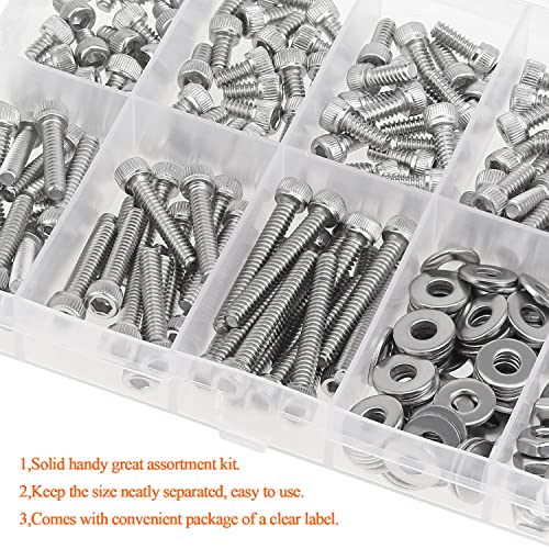 HELIFOUNER 250 Pieces #6-32 x 3/16" 1/4" 5/16" 3/8" 1/2" 5/8" 3/4" 1", Hex Socket Head Cap Screws Bolts Washers Nuts Kit, Coarse Thread, Fully Machine Threaded, 304 Stainless Steel - size: #6-32, style: Socket Head