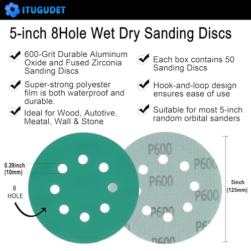 5 Inch 8 Hole P600 Grit Zirconia Wet Dry Sanding Discs - 50 Pack - size: 600 Grit
