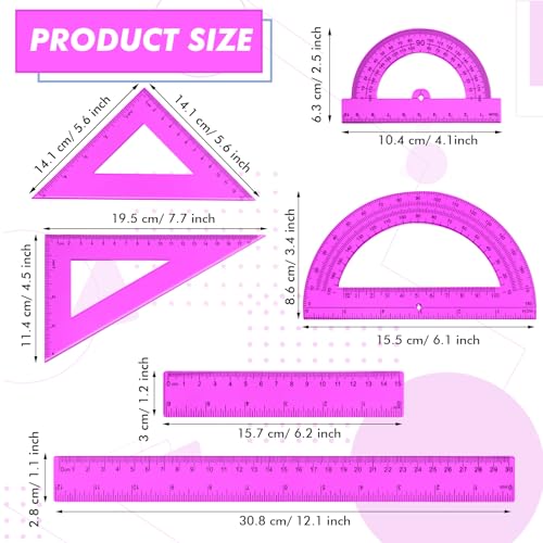 Tenare 6 Pcs Math Geometry Ruler Straight Protractor Triangle, Purple - color: Purple
