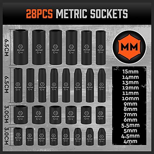 HORUSDY 56-Piece 1/4" Drive Impact Socket Set, Standard SAE (5/32 to 9/16 inch) and Metric (4-15mm) Size, 6 Point, Cr-V, 1/4-Inch Drive Ratchet Wrench, Drive Extension Bar, Impact Universal Joint - color: 56 Pcs Orange