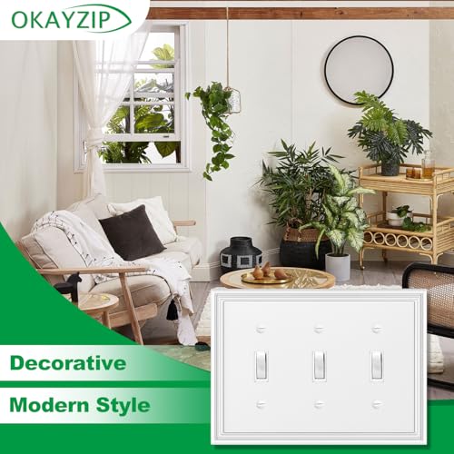 OKAYZIP White Decorative 3 Switch Light Switch Cover Plate | Natural Material Triple Toggle Switch Plate Covers - Modern Style 3 Gang Wall Plates - size: 3 Toggle 1 Pack