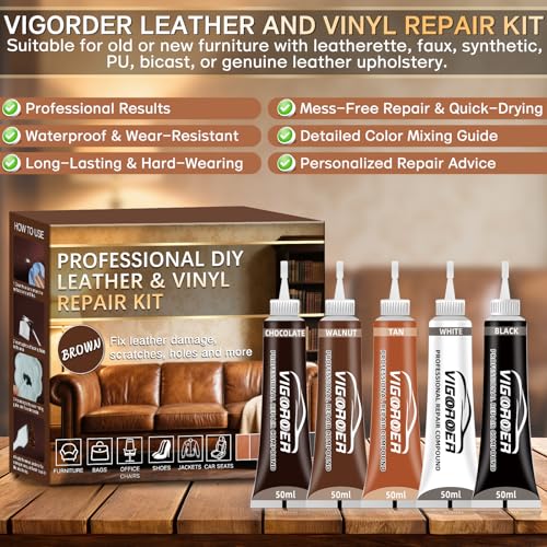 Vigorder Brown Leather Repair Kit for Furniture, Leather Couch Repair Kit for Furniture, Sofa, Jacket, Purse – Super Easy Instructions to Fix Scratches, Tears, Holes, and Peeling - color: Brown