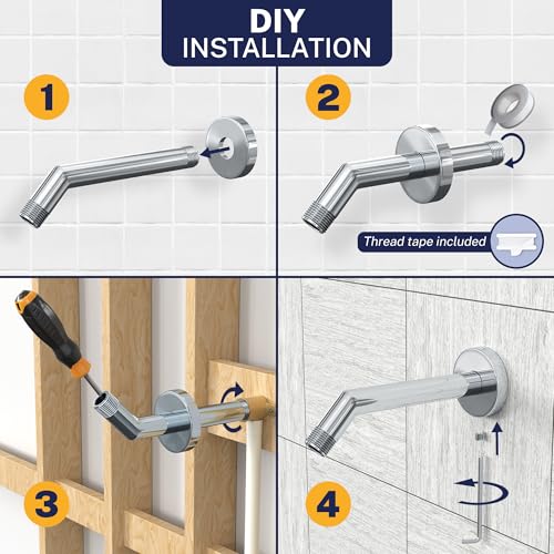 HammerHead® Solid Metal Shower Arm and Flange - 7.5 Inch 304 Stainless Steel Extension Pipe - Universal Shower Head Arm with Flange and Locking Screw, Chrome - color: Chrome
