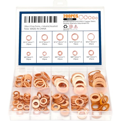 200pcs 9 Sizes Premium Copper Metric Sealing Crush Washers Assortment Kit,Flat Sealing Washer M5 M6 M8 M10 M12 M14,Flat Ring Sump Plug Oil Seal Gasket Sealing Fitting Washers for Industrial,Household