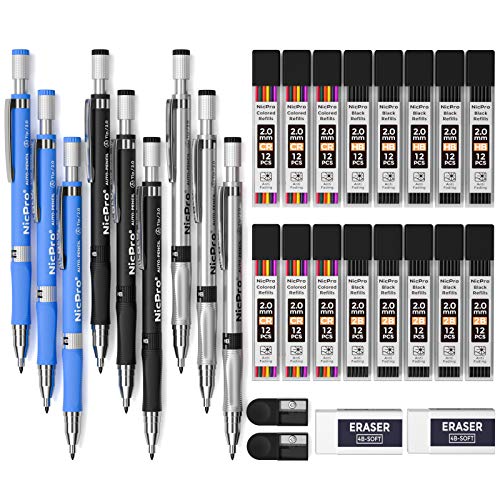 Nicpro 29 Pieces 2mm Mechanical Pencil Set 9 PCS Drafting Carpenter Pencils - color: ‎Silver