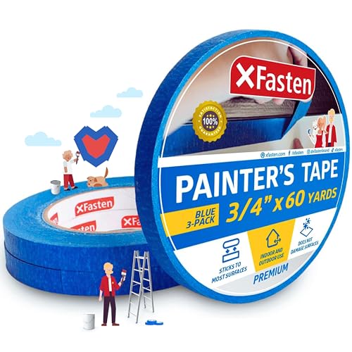XFasten Professional Blue Painters Tape, Multi-Use, 3/4 Inches x 60 Yards (3-Pack) - Produces Sharp Lines and Residue-Free Artisan Grade Clean Release Wall Trim Tape - size: 3/4 Inches x 60 Yards (3-Pack)