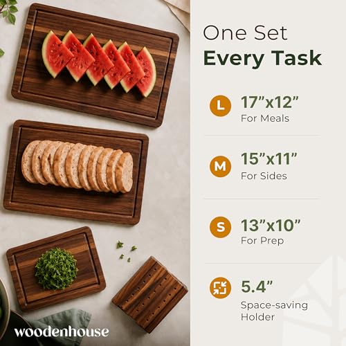 Acacia Wood Cutting Board Set of 3 with Holder, Juice Grooves & Handles