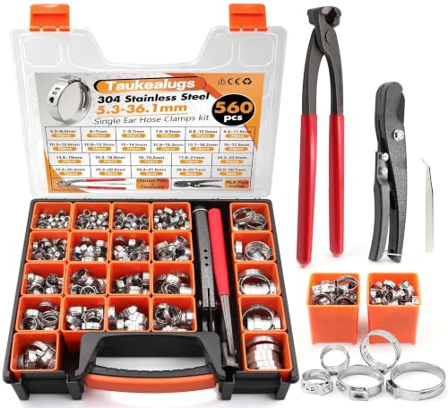 560PCS 22-Sizes Stepless Single Ear Hose Clamp Kit with Pliers & Cutter, 5.3-36.1mm (1/4"-1-3/8") 304 Stainless Steel Anti-Corrosion Clamps for Automotive Fuel Line,CV Boot,HVAC,Radiator & PEX - size: 560 PCS 22 Size