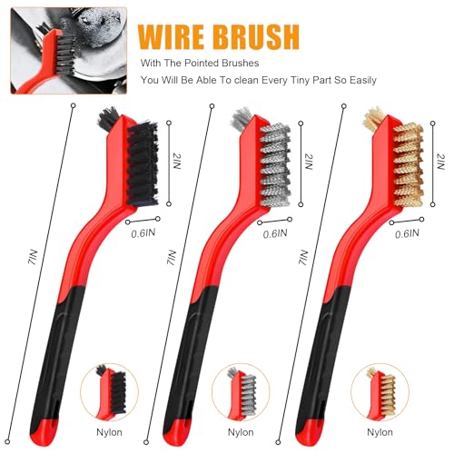 9Pcs Wire Brushes for Cleaning Rust, Small Wire Brush, Wire Wheel for Drill Steel Brush for Cleaning with Nylon, Brass, Stainless Steel, and Carbon Steel Bristles - 7-Inch Handle & 1/4-Inch Hex Shank