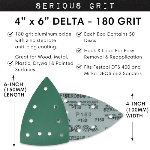 Serious Grit - 4" x 6" Delta P180 Grit Sanding Sheets - 50 Pack Box | Fits Festool DTS 400 & Mirka DEOS Delta Sanders - Heavy-Duty Hook & Loop Wet/Dry Film Sandpaper for Detail Work - size: 180 Grit