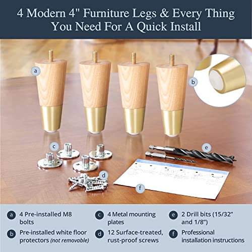 Airy Abode Premium Ash Wood Furniture Legs with Gold Caps (Full Install Kit) - Pick Your Size and Color - color: Ash / Gold, size: 4 Inches