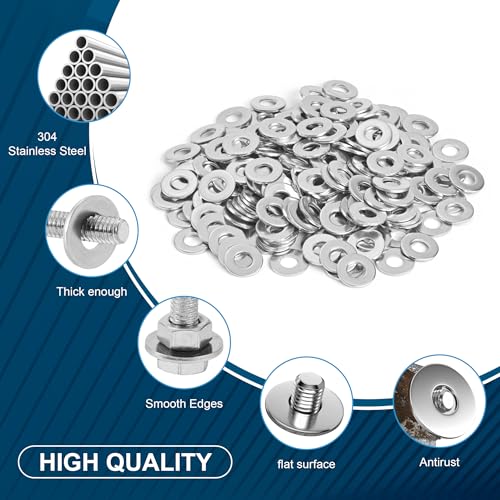 100 Pcs 1/4-Inch Flat Washers 304 Stainless Steel for Screws