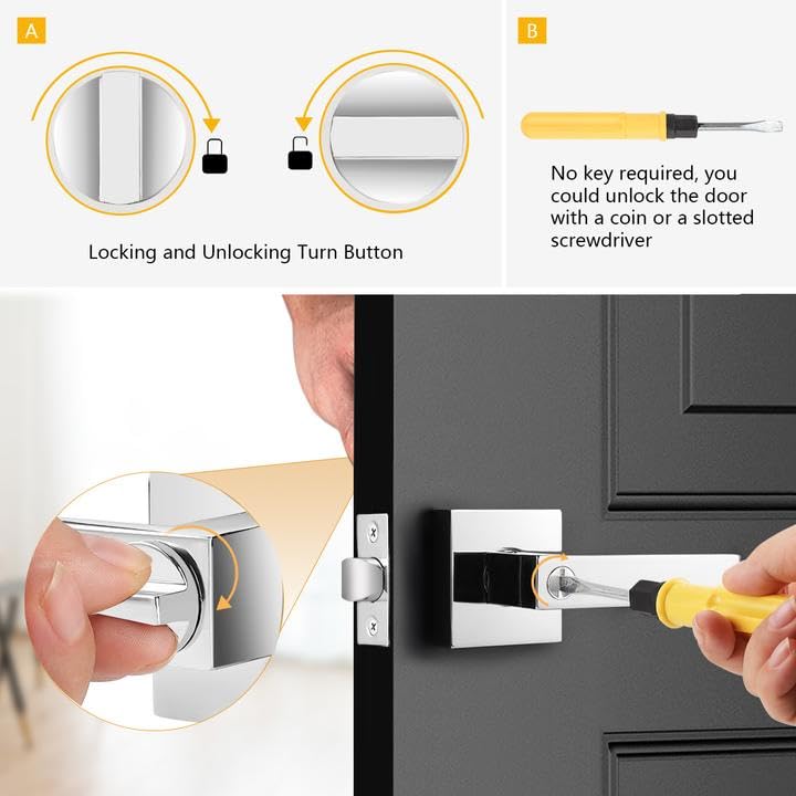 Probrico Polished Chrome Privacy Door Levers Heavy Duty Lockset for Interior Bedroom/Bathroom, Flat Square Universal Handing Handlesets/Leversets, 6 Pack - color: Polished Chrome
