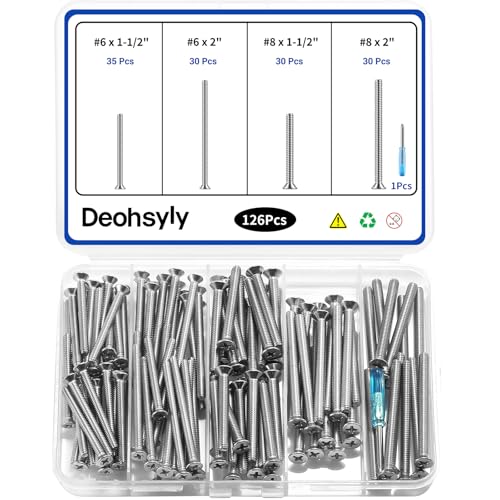 126Pcs Flat Head Phillips Electrician's Machine Screw Kit, Long Electrical Outlet Screw, #6-32#8-32, 304 Stainless Steel for Wall Plate Switch/Outlets,Mounting Electrical Extender, with Tool - color: Silver, size: #6#8 126Pcs