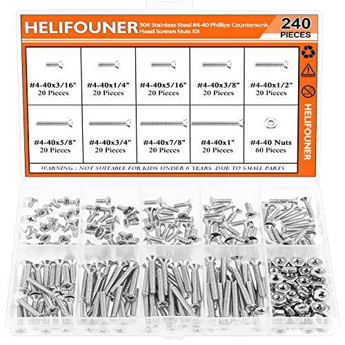 HELIFOUNER 240 Pieces #4-40 Phillips Countersunk Head Machine Screws Nuts Assortment Kit, Coarse Thread, Fully Machine Threaded, 304 Stainless Steel - size: #4-40