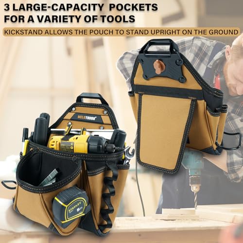 MELOTOUGH Contractor Electrician Tool Pouch - Nail Screw Work Framer Belt With Hammer Loop Clip-on Utility Organizer and Kickstand Back - color: Khaki Tool Pouch