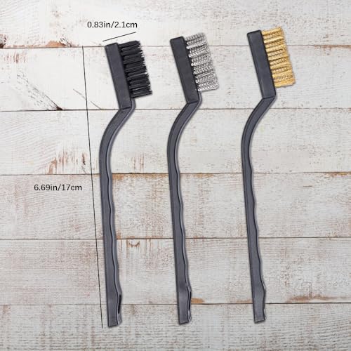 3Pcs Mini Wire Brush Set for Cleaning and Rust Removing, 7 Inch Industrial Wire Brushes of Stainless Steel/Nylon/Brass Bristles