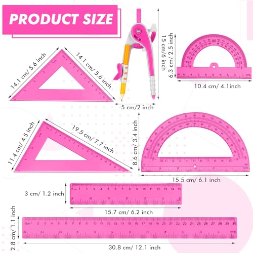 Zonon 7 Pcs Geometry Math Set with Compass Protractor Rulers, Pink - color: Pink