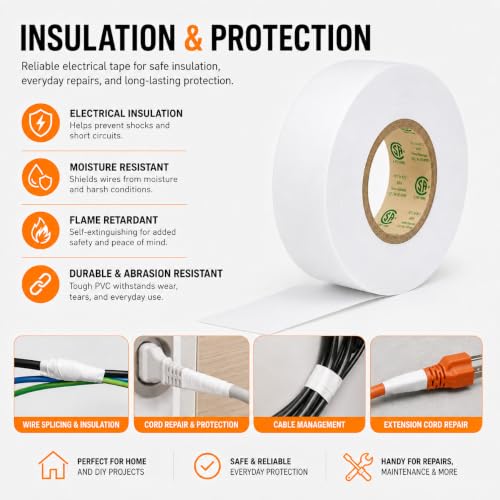 3/4" x 66ft White Electrical Tape, V-0 Flame Retardant, 600V Rated - color: White