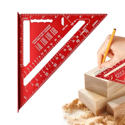 Aluminum Alloy Rafter Square 7 Inch, Carpenter Square Layout Tool with Laser-Etched Scale, Woodworking Triangle Ruler for Carpenters Craftsmen, Multi-Angle Protractor (Red) - color: Red