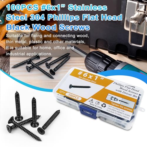 100PCS #6 x 1 Black Wood Screws, Flat Head Stainless Steel Sheet Metal Screws, Fast Self Tapping Screws for Deck Drywall Concrete Screws with Screwdriver Bit - style: Black #6X1" Flat Head 100PCS