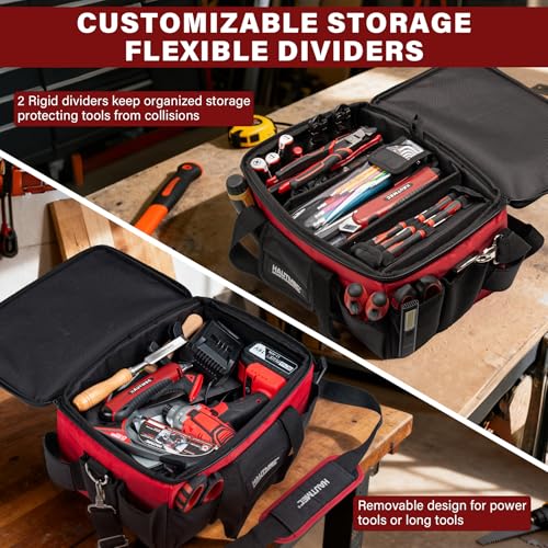 HAUTMEC 16-Inch Tool Bag, Heavy-Duty 1680D Tool Box with Padded Shoulder Strap, Double zipper, Trolley Sleeve, Wide Mouth Tool Case with Removable Divider for Quick Action - HT0401