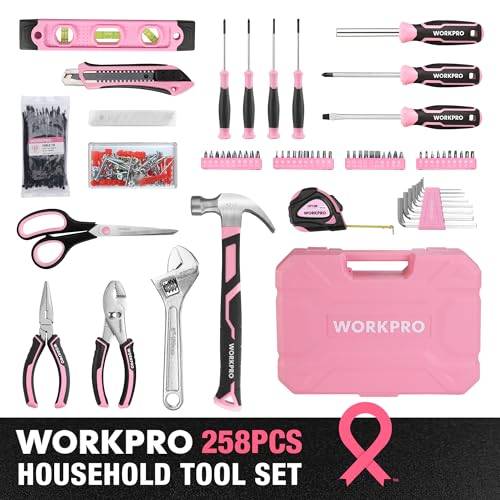 WORKPRO 258PCS Pink Tool Set, Portable Home Basic Tool Kit Box for Women