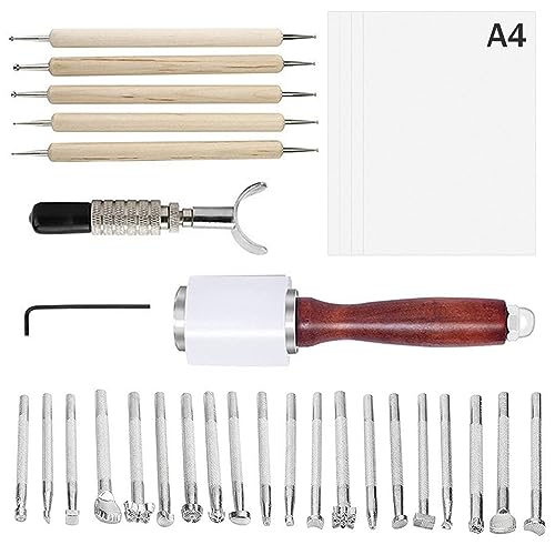 31 PCS Leather Craft Set, Include 20 Leather Stamping Tools, 1 Leather Hammer, 1 Swivel Knife, 5 Tracing Pen and 4 Tracing Paper, Leather Carving Tools Kit for Leather Crafting - color: 31 Pcs