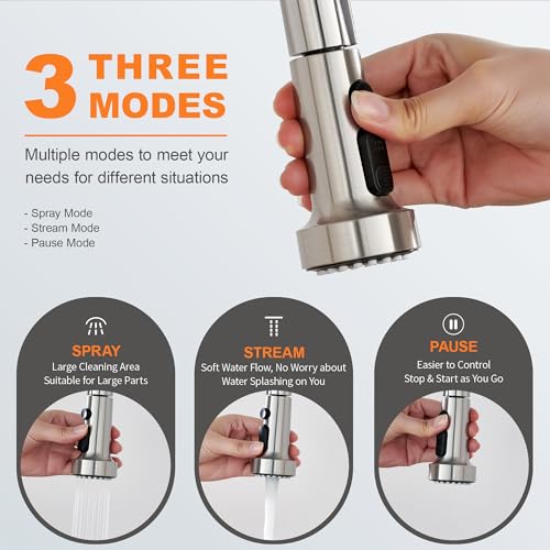 TIORIY with 15 Adapters Pull Down Kitchen Sink Faucet Head Replacement, 3 Functions Plastic Kitchen Sink Sprayer Nozzle Replacement for Kitchen Faucet, Pause Mode (Brushed Nickel) - color: Brushed Nickel, style: Pause