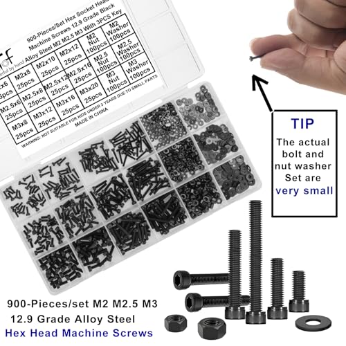 900 Pcs Hex Socket Head Cap Screws Assortment Kit, Small M2 M2.5 M3 Bolts and Nuts Washers Set, Internal Hex Drive Allen Head Machine Screws, Grade 12.9 Alloy Steel Black, Come with Hex Wrench