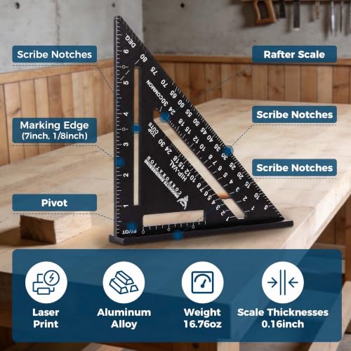 PEC Tools 7" Rafter Square, Laser-Etched Graduations, Convenient and Quick Tool for Framing
