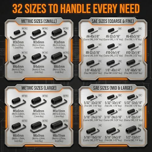 360 Pcs Set Screws Assortment Kit (32 Sizes, Metric & SAE) – 12.9 Alloy Steel Hex Socket Grub Screws with Allen Keys for Door Handles, Bathroom Fixtures, Knobs & Machinery
