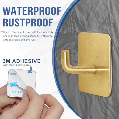 Adhesive Hooks for Bathrooms, 4 Piece Towel Hooks for Hanging Hat Robe Coat, Stick on Hooks for Kitchens, Strong Self-Adhesive No Damage Waterproof Stainless Steel Sticky Hook (Gold) - color: Square-A-Gold