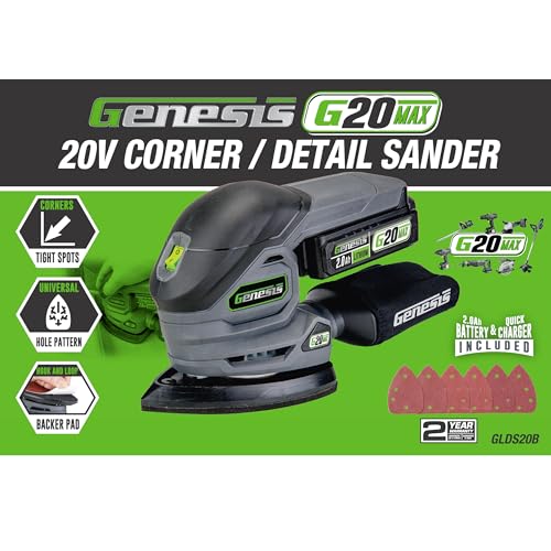 Genesis Cordless Detail Sander 20V G20MAX with Dust Bag, Sandpapers, Battery, and Charger - style: Cordless Detail Sander