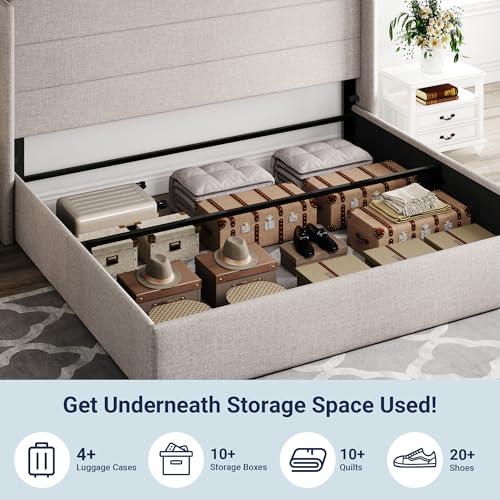 Allewie King Size Lift Up Hydraulic Storage Bed Frame Light Beige - color: Beige, size: King, style: Modern