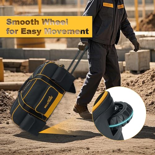 MELOTOUGH Rolling Tool Bag with Wheels,Large Capacity Tool Bag Organizer with Concealed Telescoping Handle for Electrician,Construction,HVAC,Technician (Yellow/Black) - color: Yellow/Black