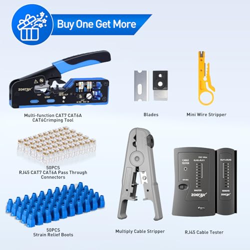 RJ45 Crimp Tool, Cat7 Cat6 Cat5 Crimping Tool Kit with Wire Cutter, Network Cable Tester, Mini Cable Stripper, 50xCat6 Connectors, 50xRJ45 Boots, Ethernet Crimper for Network Cable Installation