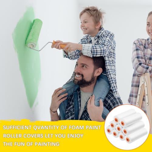 100 Pcs 4 Inch Foam Paint Roller with 2 Handles, Mini High Density Foam Roller Refills Paint Edger Tool for Walls Brings Smooth Finishes Flat Surfaces (White)