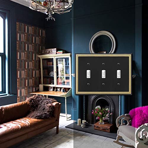 Pearled Frame Decorative Wall Plate Switch Plate Outlet Cover (Triple Toggle, Black & Dark Golden) - style: Triple Toggle