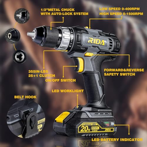 RIDA 20V Cordless Power Drill Set 1/2'' Keyless Metal Chuck 355 In-lb DIY
