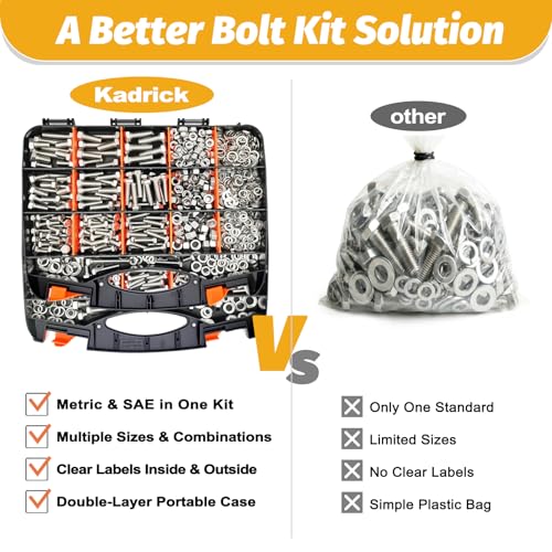 KADRICK 1240PCS Stainless Steel Hex Bolt Assortment Kit,SAE & Metric Set - size: 1240Pcs Stainless SAE & Metric HEX